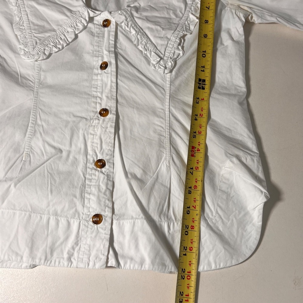 Ganni Poplin V Neck Shirt Women 34 White Organic Cotton Ruffle Peter Pan Collar - Picture 6 of 9